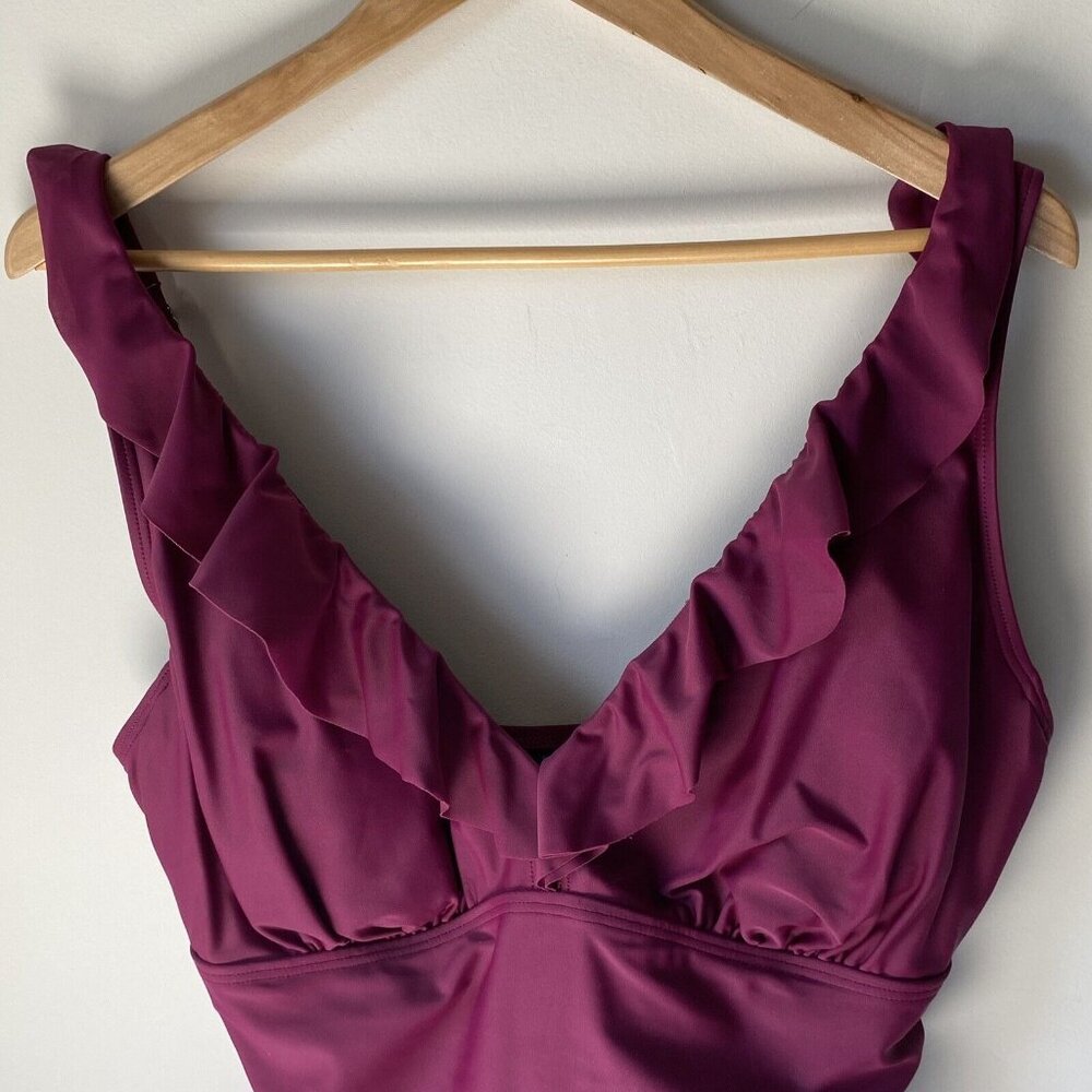 DKNY Womens Ruffled V-Neck One-Piece Swimsuit Women Plus 18 Purple Adjustable - Picture 3 of 7